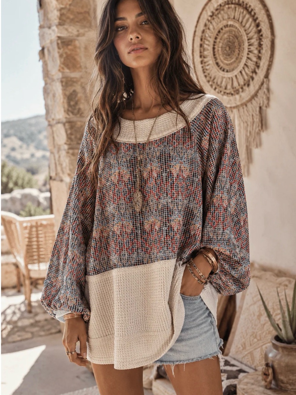 Boho Waffle Panel Pull-Over Top ☀️ ☮️ - Picture 1 of 3